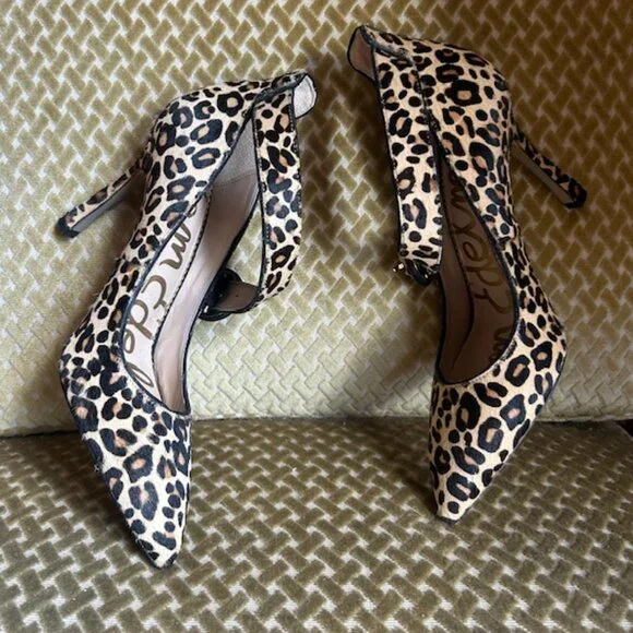 Sam Edelman Nude Leopard Print Cow Fur Hinda Jewel Buckle Strap Pumps NEW - Picture 13 of 16